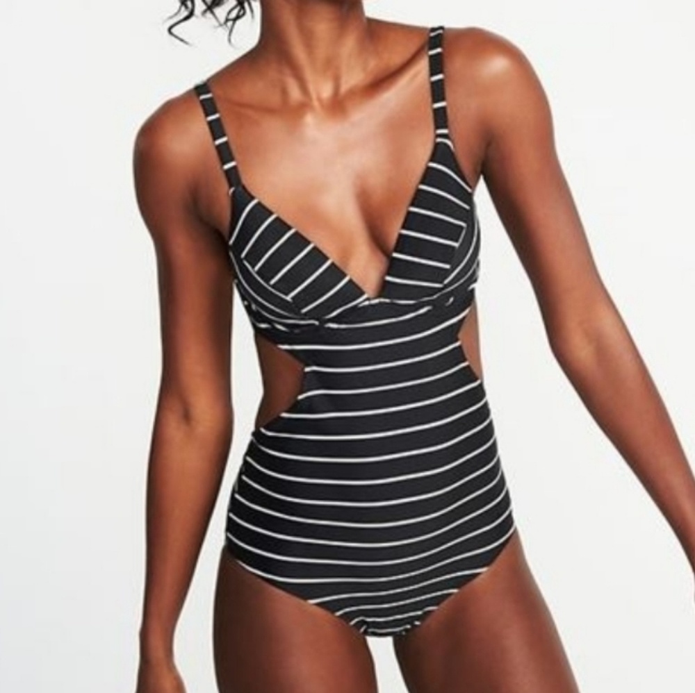 Old navy- black striped cut-out bathing suit   